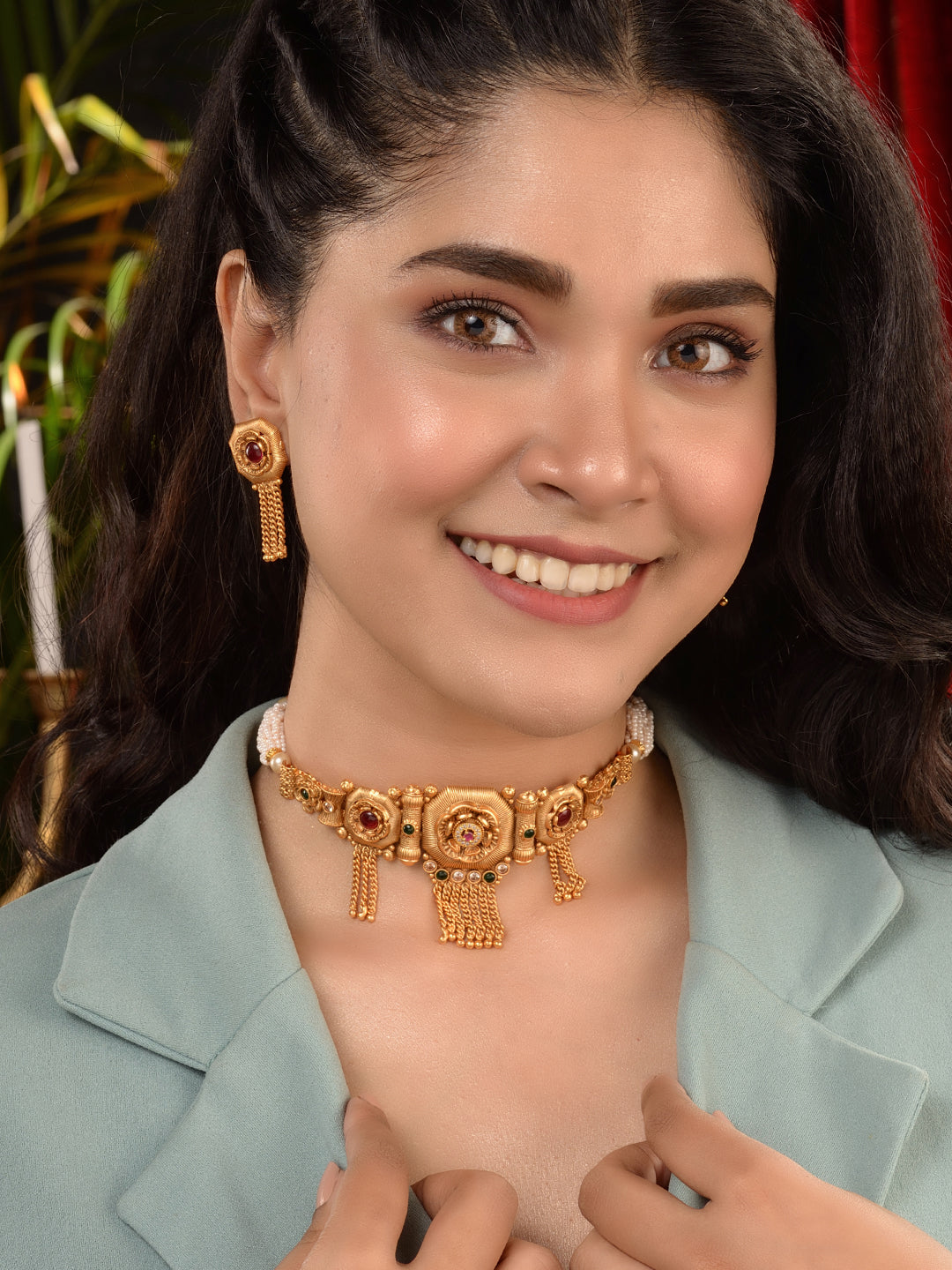 Women GoldPlated Red KempStudded Temple Jewellery Set